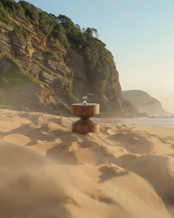 Ampulheta sobre a areia da Praia Brava, símbolo do Tempo