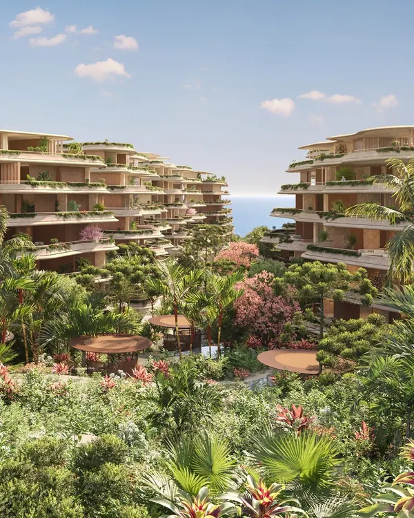 Jardins tropicais e torres do Tempo integrados à Mata Atlântica