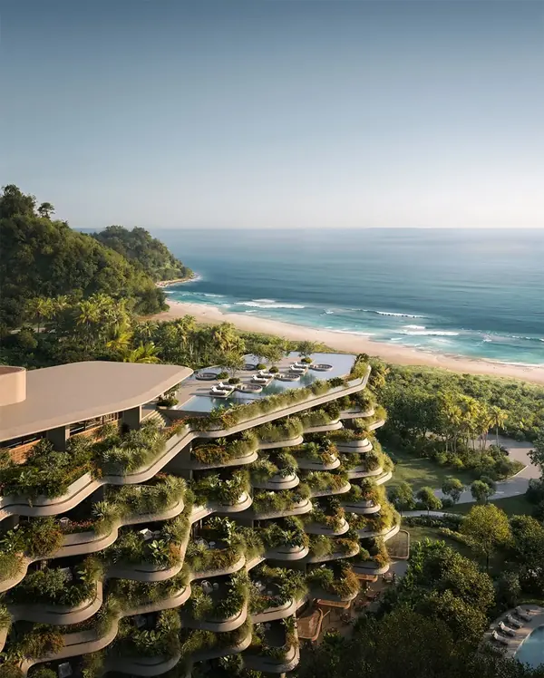 Vista aérea da implantação do Tempo na encosta da Praia Brava