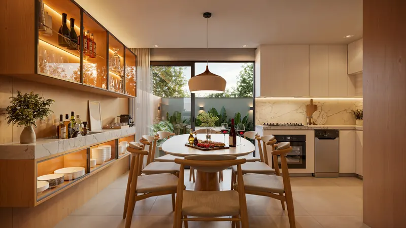 Cozinha conectada ao jantar com vista para o pátio na casa de 4 dormitórios