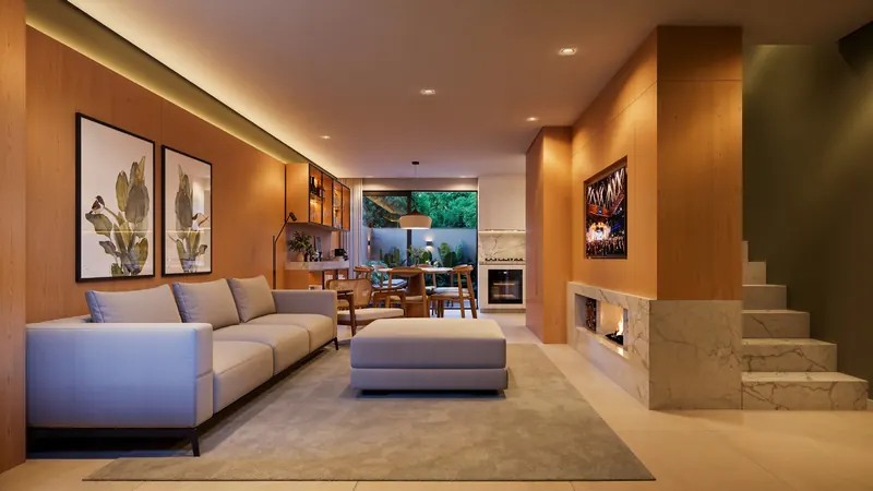 Living com lareira e ambientes integrados da casa de 4 dormitórios