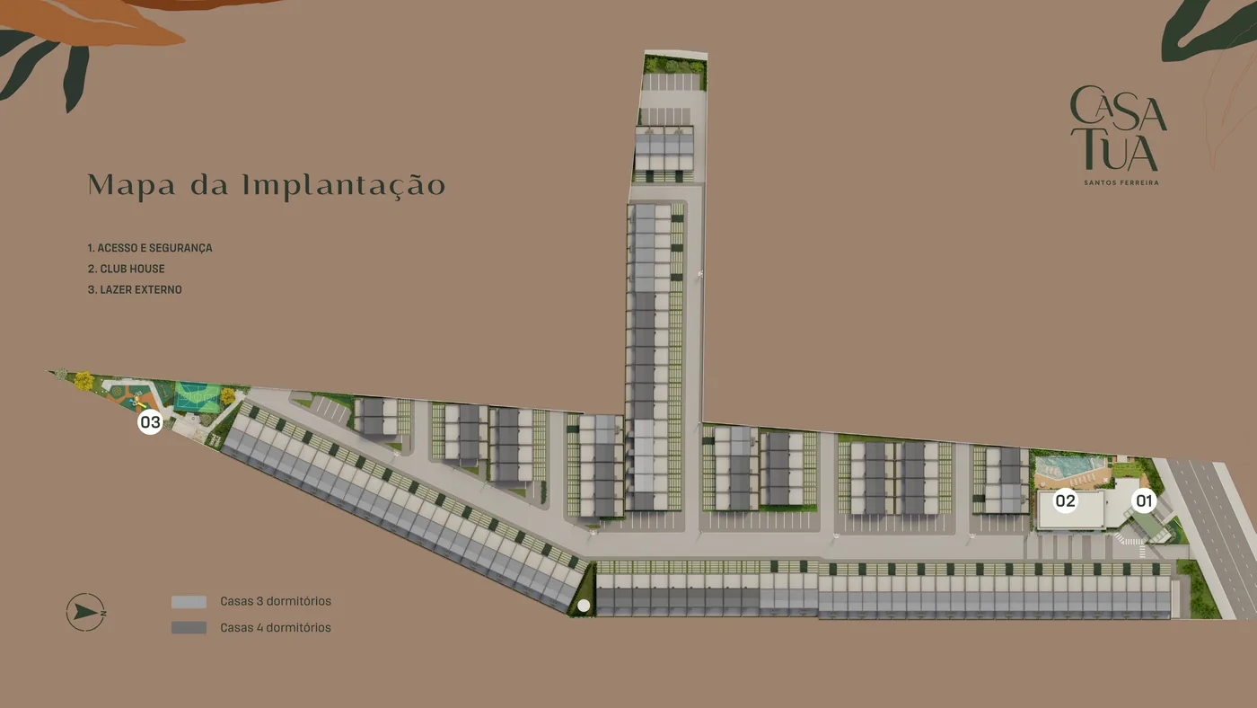 Implantação do Casa Tua Santos Ferreira com acesso e segurança, Club House, lazer externo e a distribuição das casas de 3 e 4 dormitórios