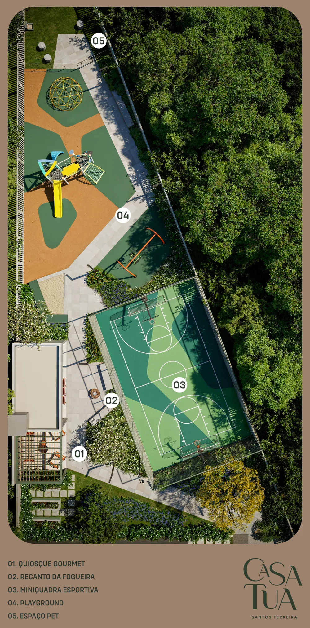 Implantação do lazer externo do Casa Tua Santos Ferreira: quiosque gourmet, recanto da fogueira, miniquadra esportiva, playground e espaço pet