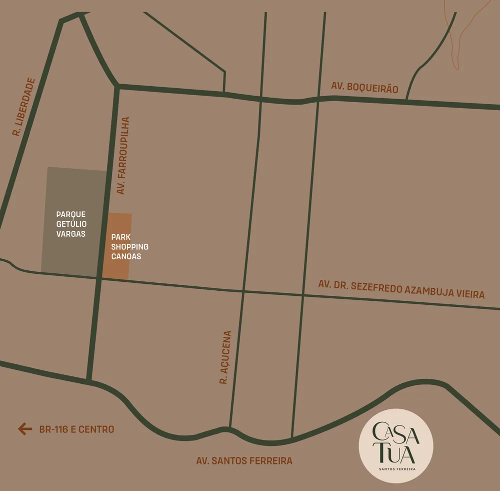 Mapa de localização do Casa Tua Santos Ferreira na Av. Santos Ferreira, 3511, Marechal Rondon, Canoas, com ParkShopping Canoas e Parque Getúlio Vargas