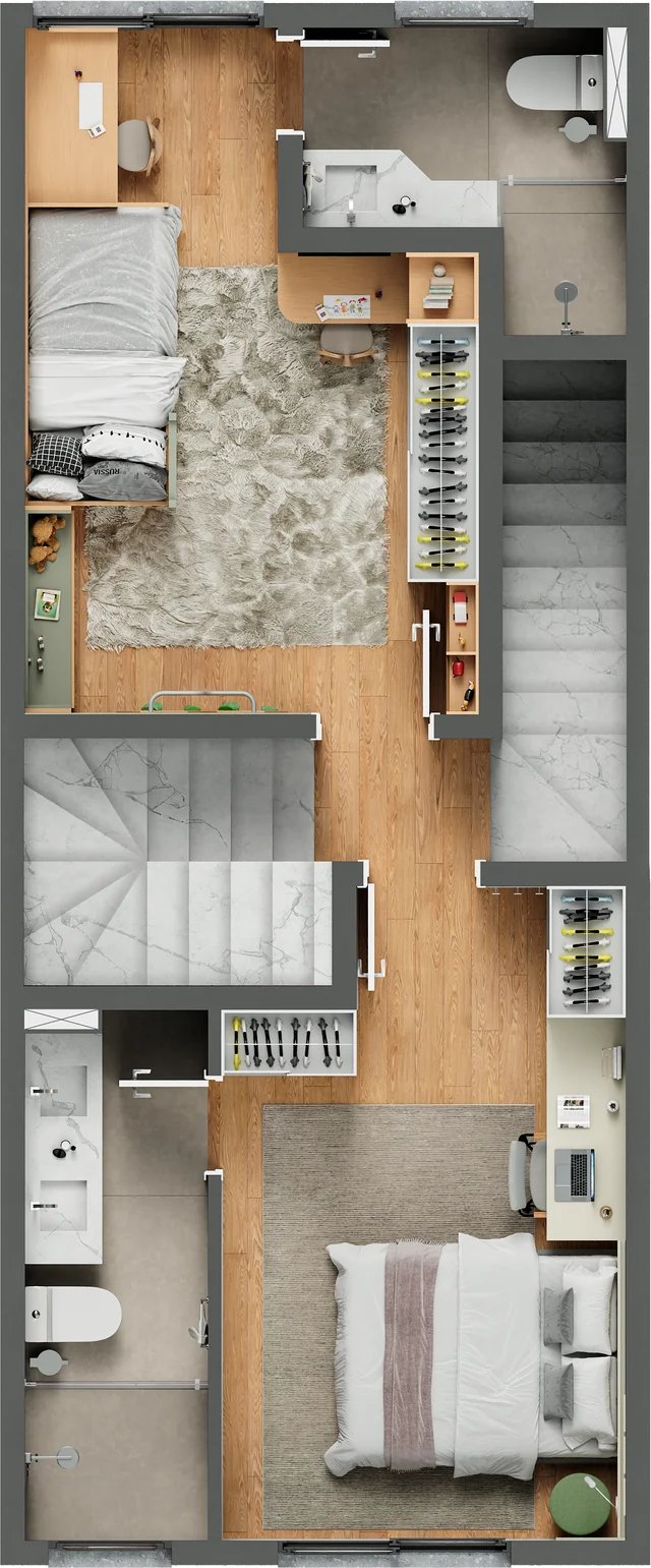 Planta humanizada da casa de 3 dormitórios do Casa Tua Santos Ferreira, segundo pavimento