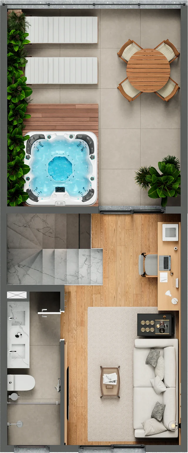 Planta humanizada da casa de 3 dormitórios do Casa Tua Santos Ferreira, terceiro pavimento, opção com estar