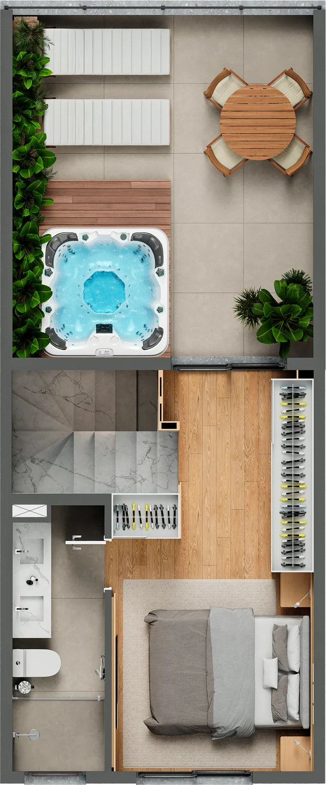 Planta humanizada da casa de 3 dormitórios do Casa Tua Santos Ferreira, terceiro pavimento, opção com suíte