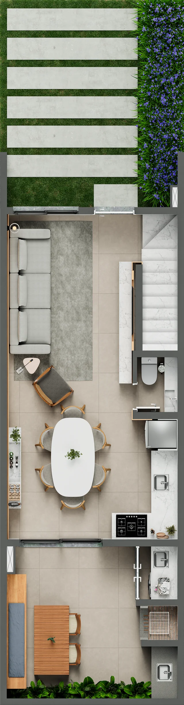 Planta humanizada da casa de 3 dormitórios do Casa Tua Santos Ferreira, pavimento térreo
