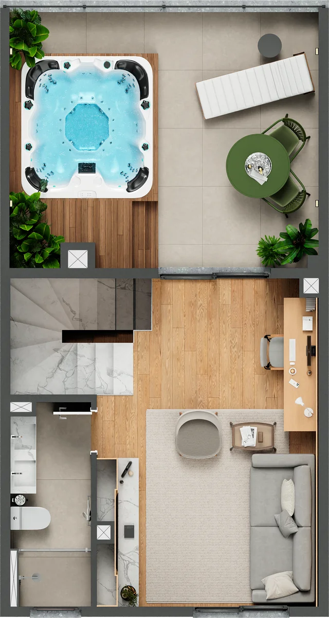 Planta humanizada da casa de 4 dormitórios do Casa Tua Santos Ferreira, terceiro pavimento, opção com estar