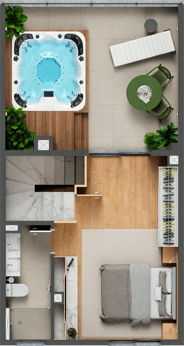 Planta humanizada da casa de 4 dormitórios do Casa Tua Santos Ferreira, terceiro pavimento, opção com suíte